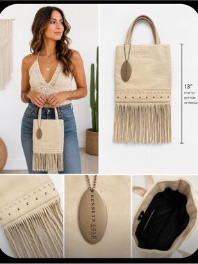 🤍 Kenneth Cole New York Ivory Leather Fringe Boho Festival Tote Bag